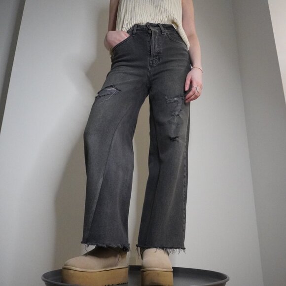 Upcycled Hollister Black Wide Straight-Leg Jeans - Size 26 - Picture 1 of 13